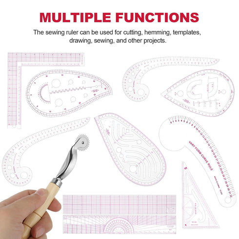 TEHAUX 9pcs Sewing French Curve Ruler Set, Pattern Sewing Rulers Plastic Sew French Curve Ruler Clear Metric Sewing Ruler Set with Tracing Wheels ...
