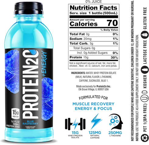 Protein2o 15g Whey Protein Infused Water Plus Energy, Blueberry Raspberry, 16.9 oz Bottle (Pack of 12)...