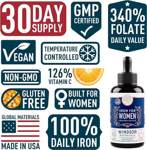 WINDSOR BOTANICALS Liquid Iron Supplements for Anemia - Folic Acid, Vitamin C, Vegan Iron Blood Builder and Anemia Supplement - 2 oz Orange Flavor...