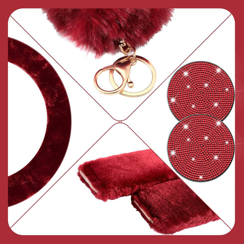 10 Pieces Fluffy Steering Wheel Covers Handbrake Cover Seat Belt Shoulder Pads Gear Shift Cover Diamond Ignition Ring Ball Key Chain Armrest Box M...