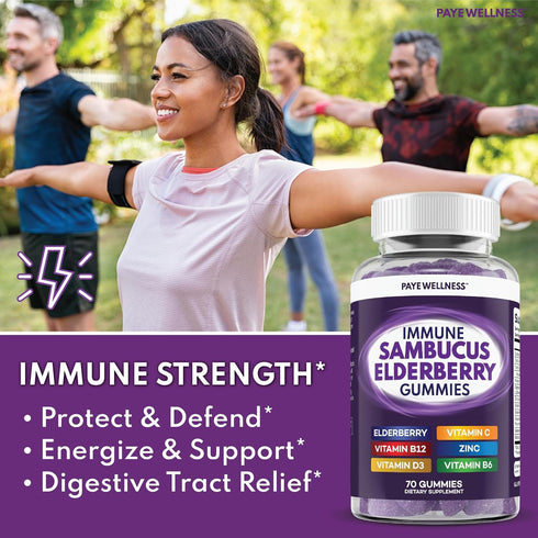 Sambucus Elderberry Immune Gummies, Daily Immune Support for Kids and Adults*, with Zinc, Vitamin C, D3, B6, B12, Plus - Dietary Supplement - 70 C...