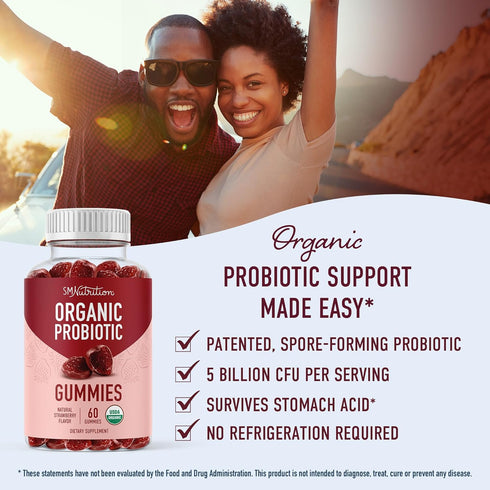SMNutrition Organic Probiotics Gummies | 5 Billion CFU Probiotics for Digestive Health & Immune Support | Hardy Bacillus Subtilis | Gluten-Free, V...