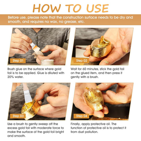 Gold Leaf Adhesive Set 200ml Gold Plating Kit Protective Varnish 100 pcs Gilding Adhesive Set Gold Leaf Sheets, 2 Brushes, Water Based Leaf Glue f...