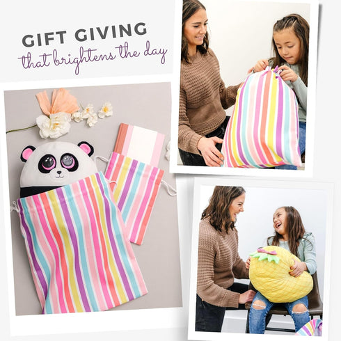 Gather & Knot Drawstring Gift Bags | 20" Large 12" Small | Premium Canvas | Reusable Fabric Wrap for Girls Birthdays, Baby Shower | Rainbow Stripe...