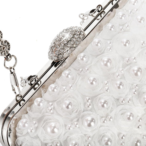 4 Pcs 1920s Pearl Jewelry Set, Include Beaded Pearl Clutch Bag with Chain, Dangle Faux Pearl Drop Earrings, Multi Strands Bracelet and Long Neckla...