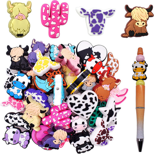 40 Pcs Silicone Focal Beads for Pens Cute Cow Focal Bead for Beadable Pen Keychain Making DIY Necklace Bracelet Jewelry Students Gift Scool Awards...