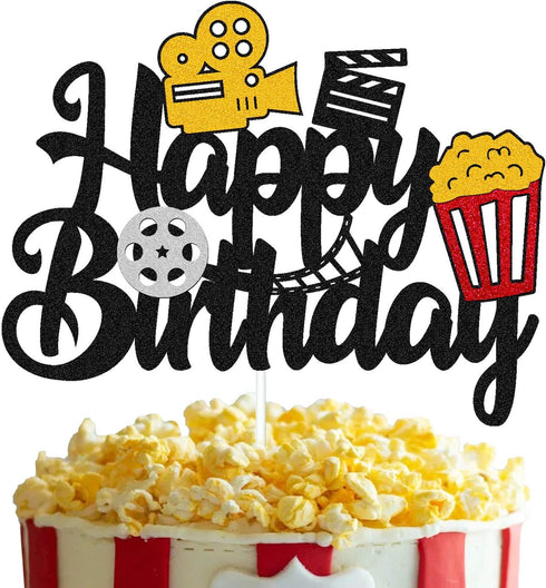 Film Cake Topper Movie Cinema Birthday Cake Decoration Happy Birthday Sign Cake Decor for Film Projector Movie Night Camera Popcorn Theater Theme ...
