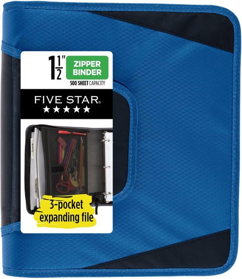 Five Star Zipper Binder, 1-1/2 Inch 3-Ring Binder for School, 3 Pocket Expanding File, 500 Sheet Capacity, Blue (72202)...