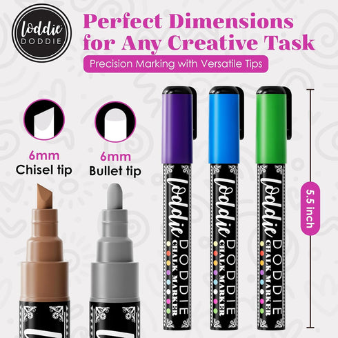 Loddie Doddie Metallic Liquid Chalk Markers for Chalkboard - 8 Count, 6mm Reversible Chisel & Bullet Tip - Erasable Chalk Pen - Metallic Chalkboar...