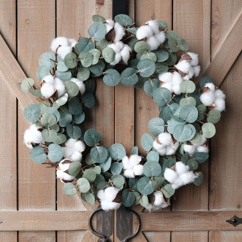 Idyllic Eucalyptus and Cotton Wreath, 14 Inches Artificial Wreath on a Natural Twig Base for Farmhouse, Garden, Wedding, Decor...