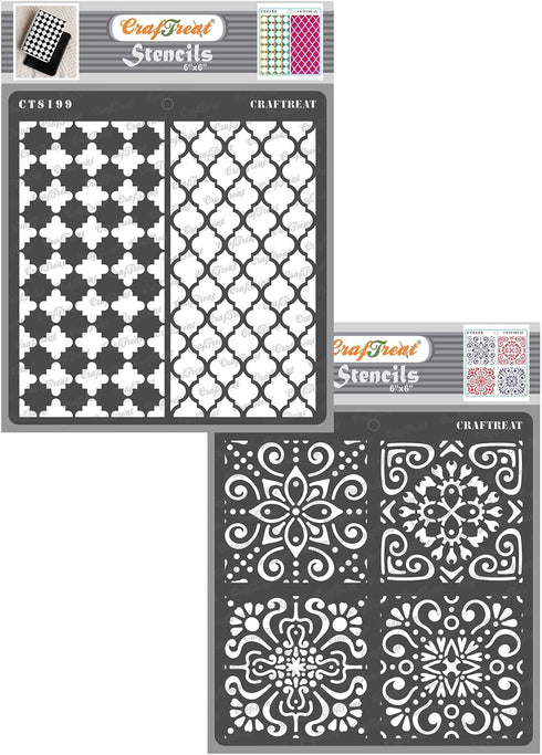CrafTreat Reusable Stencils for Painting on Wood, Canvas, Paper, Fabric, Wall and Tile - Moroccan Trellis and Moroccan Tiles - 2 Pcs - 6x6 Inches ...