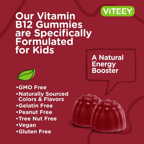 Vitamin B12 for Kids Gummies, 1000mcg - Sugar Free - Metabolism, Natural Energy Support - Vegan, Gelatin Free, Gluten Free, GMO Free - Tasty Chewa...