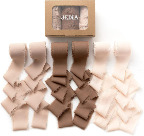 Chiffon Ribbon, 6 Rolls Brown Handmade Fringe Chiffon Silk Ribbons, 1.5" x 7Yd Ribbon Set for Gift Wrapping, Wedding Invitations, Bouquet Wrap, Br...
