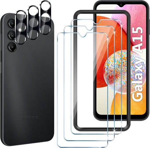 LYWHL for 3 Pack Samsung Galaxy A15 5G Screen Protector + 3 Pack Camera Lens Protector with Installation Frame, Case Friendly Tempered Glass Film,...