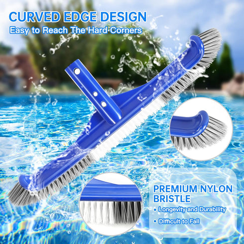 Pool Brush Head, 17.5" Pool Brushes for Cleaning Pool Walls, Curved Ends High-Efficiency Pool Scrub Brush,Premium Nylon Bristles Pool Brush with E...