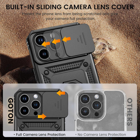 Goton for iPhone 15 Pro Case with Screen Protector - Slide Camera Cover Protective Phone Case with Ring Stand, Heavy Duty Shockproof Rugged Bumper...