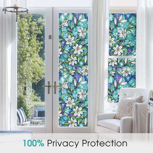 Coavas Decorative Window Privacy Film, Heat Control Sun Blocking Stained Glass Window Film, Floral Design Static Cling, Non Adhesive Windows Tint ...