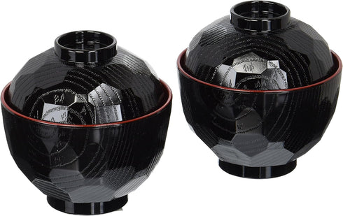 JapanBargain 1904x2, Set of 2 Miso Soup Bowl with Lid Japanese Rice Bowl Traditional Plastic Lacquered Black and Red Bowl Made in Japan...