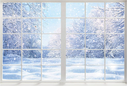 Funnytree Winter Landscape Window Photography Backdrop Christmas Snow Trees Scenery Background Baby Kids Party Decorations Portrait Cake Table Ban...