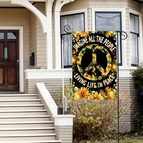Hippie Sunflower Garden Flag Double Sided 12Wx18L Inch Imagine All The People Living Life in Peace Flag Positive Quotes Small Vertical Yard Flag f...