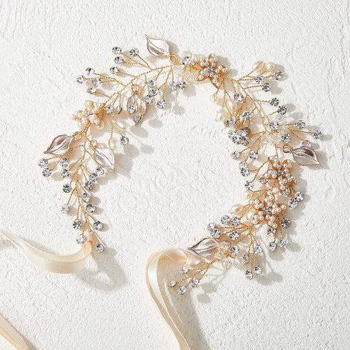 SWEETV Flower Girl Headband for Wedding, Baby Girl Flower Pearl Hair Piece, Gold Headpiece for Birthday Party, Photography...