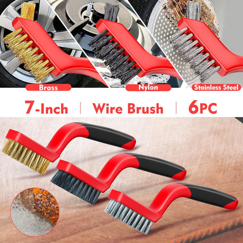 Wire Brush Set, 6-Piece - Nylon/Brass/Stainless Steel Wire Brush/Cleaning Towel with Curved Handle for Rust Removal, Stain Removal and Paint Brush...
