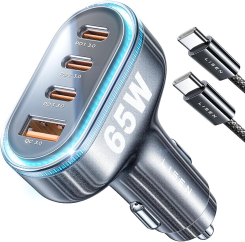 LISEN USB C Car Charger 65W+36W 4 Port Fast Charging Car Charger Adapter PD3.0 & QC3.0 Cigarette Lighter Car USB Charger Multi Port with Cable,Com...