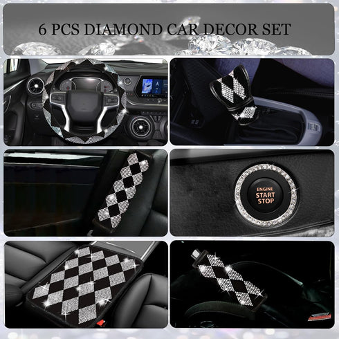 11 Pcs Bling Car Accessories Set for Women,Bling Steering Wheel Cover Universal Fit 15 Inch,Rhinestone Center Console Cover,Sparkling Seat Belt Sh...
