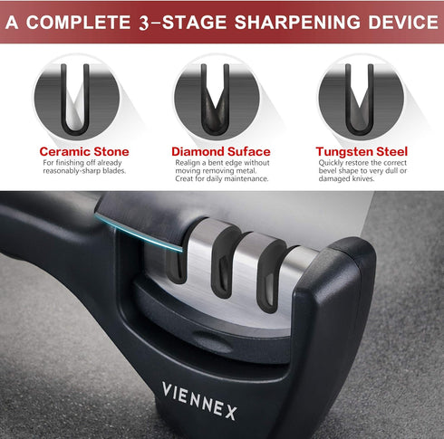 Kitchen Knife Sharpener - Professional Handheld 3 Stage Sharpening Tool for Chef Knives with Diamond, Tungsten & Ceramic Rods Includes Cut Resista...
