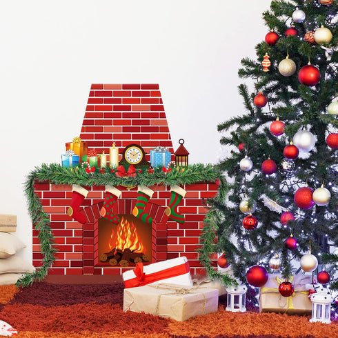 TaoBary Christmas Cardboard Fireplace 35.4 x 38.6 Inch Red Brick Bulletin Board Decoration Christmas Holiday Hearth Bulletin Board with 16.4 ft PV...