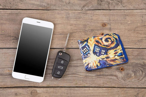 Doctor Who Bi-Fold Wallet Van Gogh Exploding TARDIS - Vinyl Men's Novelty Pocket Storage With Billfold, Card Slots & Clear ID Display - Features B...