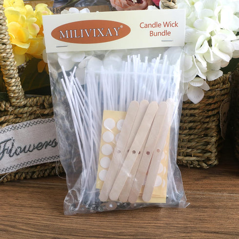MILIVIXAY 6" Candle Wick Bundle: 100PCS Candle Wicks, 100PCS Candle Wick Stickers and 6PCS Wooden Candle Wick Holders - Wicks Coated with Paraffin...