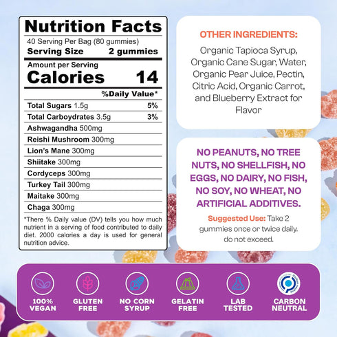 Ashwagandha & Lion's Mane Supplement Gummies - Comprehensive Mushroom Supplement for Cognitive & Immune Support, Vegan Blend with Reishi, Cordycep...