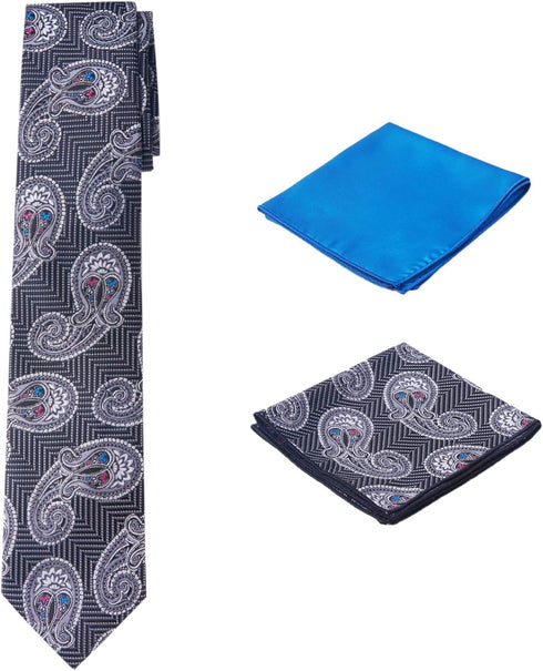 Men's Woven Paisley Regular Length Neck Tie with 2 Handkerchief Pocket Squares Hanky Set - Black Blue...