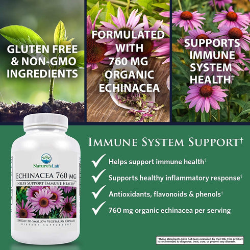 Nature's Lab Echinacea 760mg Dietary Supplement - Powerful All Natural Immune System Support - Non-GMO, Gluten Free - 100 Capsules (50 Day Supply)...