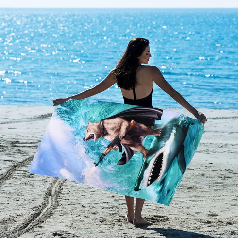 LIVILAN Funny Shark Bear Beach Towel, 30" x 60" Oversized Microfiber, Soft, Quick Dry, Sand Free, Ideal for Bath, Pool, Travel, Unique Shark & Bea...