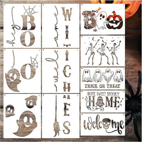 Halloween Stencils for Painting on Wood Burning Art Craft Large Boo Witch Skeleton Ghost Paint Stencils for Porch Sign Door Hanger Wall Holiday (1...