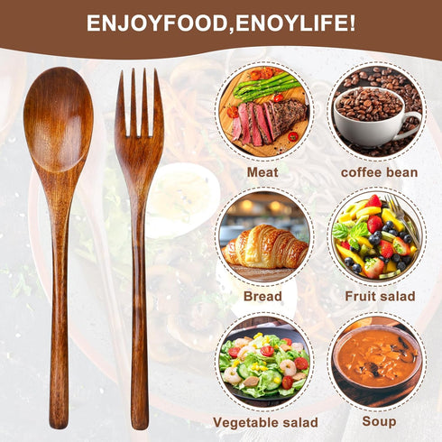 6Pcs Wooden Spoons Forks Set Wooden Spoons and Forks Cutlery Set, Reusable Wooden Utensil Set Wood Spoons Flatware Sets for Stirring Cooking Campi...