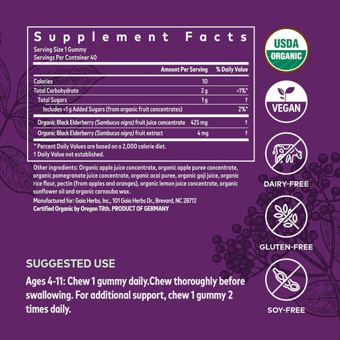 Gaia Herbs GaiaKids Black Elderberry Daily Gummies for Kids - Delicious Immune Support Supplement - Certified Organic Black Elderberries for Immun...