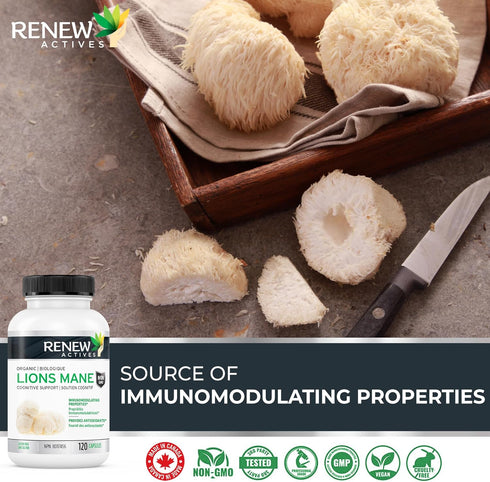Renew Actives Organic Lions Mane Mushroom Supplement - 40% Polysaccharides, Immune Wellness & Rich in Antioxidant - 120 Capsules...