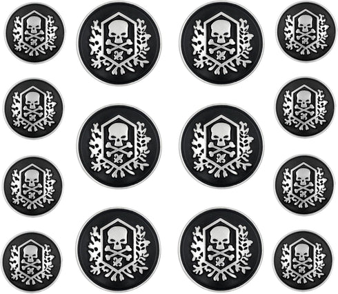 Bezelry Skull Emblem Matte Silver Black Metal Shank Double Blazer Button Set. 6 Pcs of 23mm, 8 Pcs of 15mm...