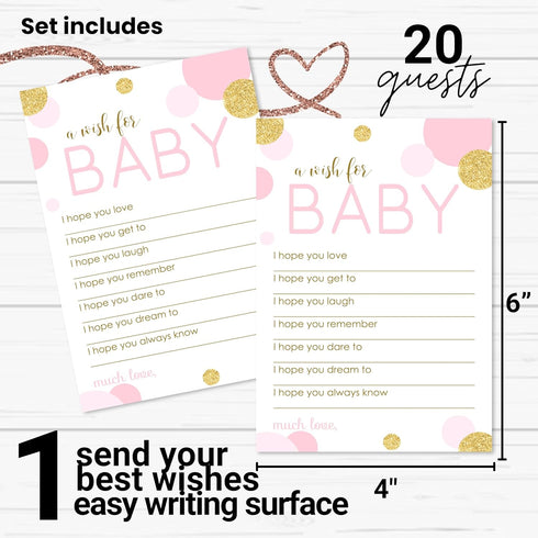 Pink and Gold Wishes Cards (20 Pack) Baby Shower Games for Girls - Guest Book Alternative Cute Words of Wisdom - Keepsake Activity for Wishing Wel...