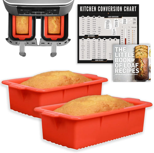 Air Fryer Silicone Loaf Pans for Ninja Foodi Dual Basket DZ201 8qt Baking Set, Non-Stick Cake Pan, Conversion Chart, Airfryer Bakeware for Double ...