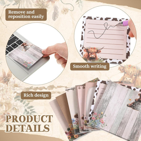 9 Pads Cow Sticky Notes Floral Highland Cow Theme 3x3 Self-Stick Cute Brown Cow Print Notes Adhesive Memo Pad Cow Office Decor for School Office H...