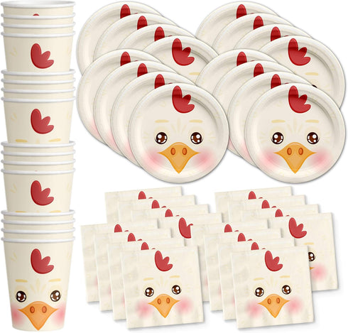 Chicken Birthday Party Supplies Set Plates Napkins Cups Tableware Kit for 16...