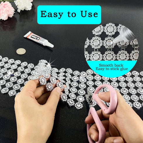 6Yards Silver Flower Rhinestone Ribbon Trim with Glue, 4In/6Rows Rhinestone Mesh Fabric, Bling Rhinestone Ribbon Roll for Crafts, Party Christmas ...