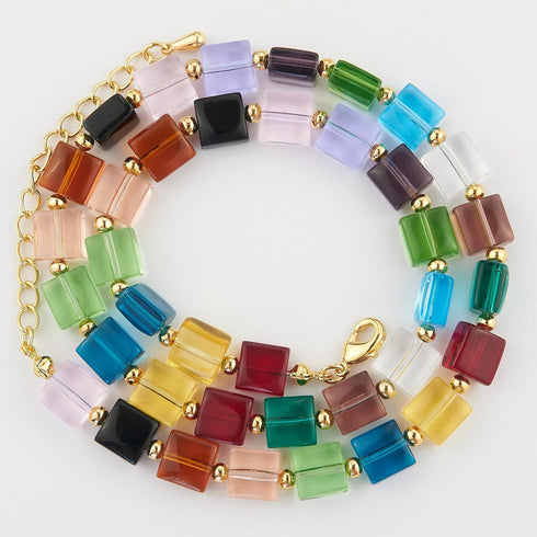 Choker Necklace for Women Multi-Colored Glass Crystals Beads Rainbow Strand Necklace Brass Plated 18K Gold Adjustable Length Trendy Gift...