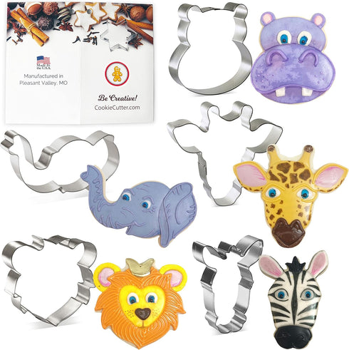 Foose Cookie Cutters 5 Piece Jungle Animal Faces Circus Elephant, Giraffe, Hippo, Lion, Zebra, USA...