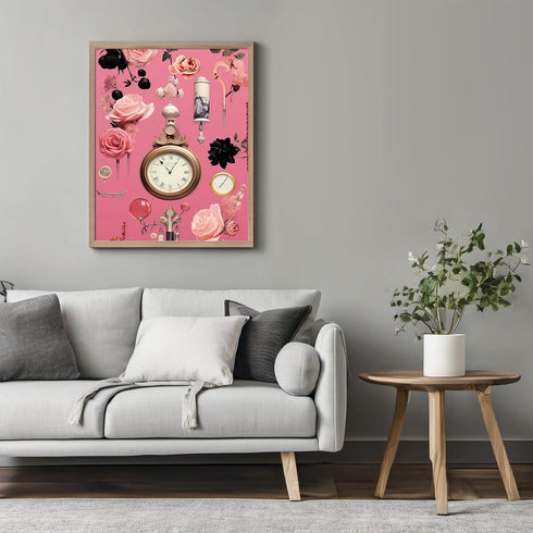 Posterizer 1 pcs-vintage watches , flowers-pink girly collage-Abstract & Modern Art-Floral & Botanical Art-Gift for Art Lovers- UNFRAMED Wall Art...