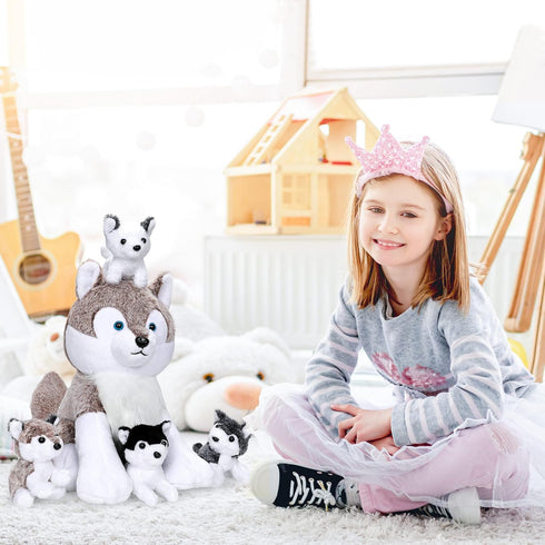 5PCS Wolf Plush Toys - 13.4 Inch Wolf Mom with Little Mini Babies Stuffed Animal Plush Huggable Cuddly Fluffly Wolf Plushie Family Set Gifts for G...